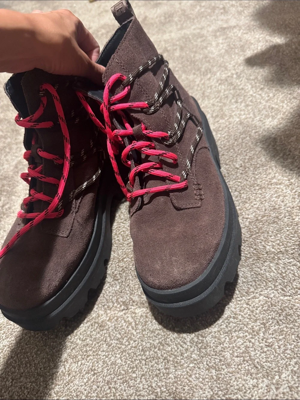 UGG Brown Suede Platform Hiking Boots with Pink Laces